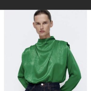 zara DRAPED SHOULDER BLOUSE  High collar blouse with long sleeves gREEN